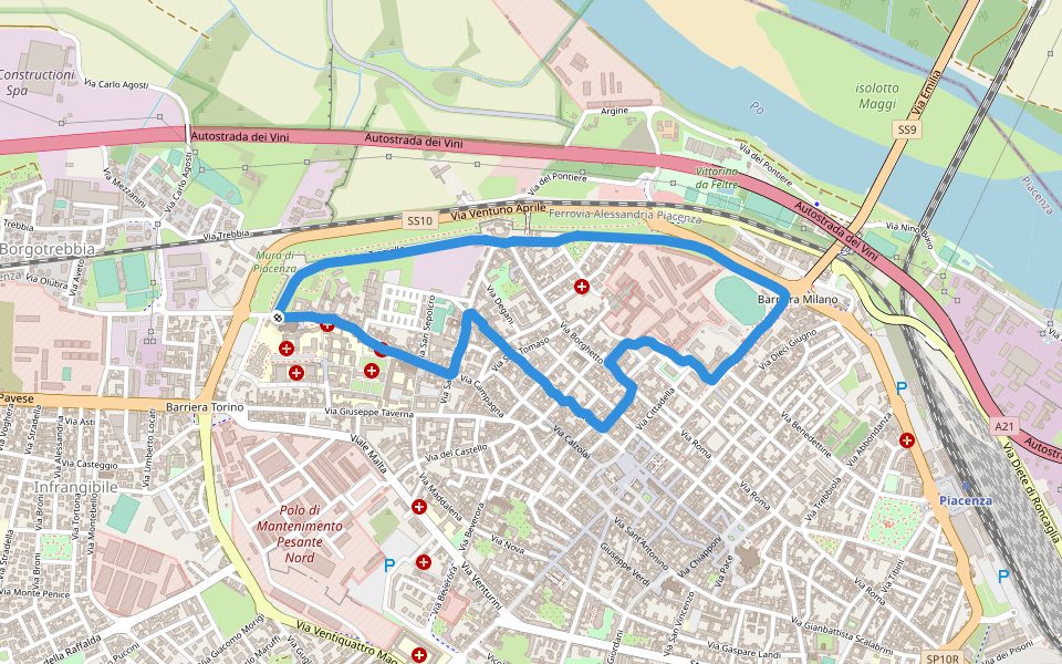 Mura di Piacenza walking route map in Piacenza