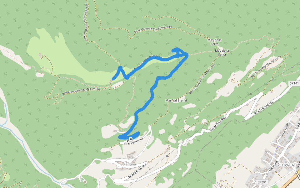Strada forestale Plaza Merendaia walking route map in Bolentina