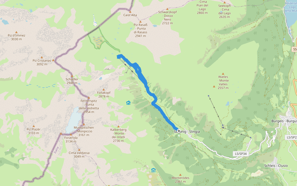 Schliniger Almweg - Sentiero Malga Slinga walking route map in Slingia