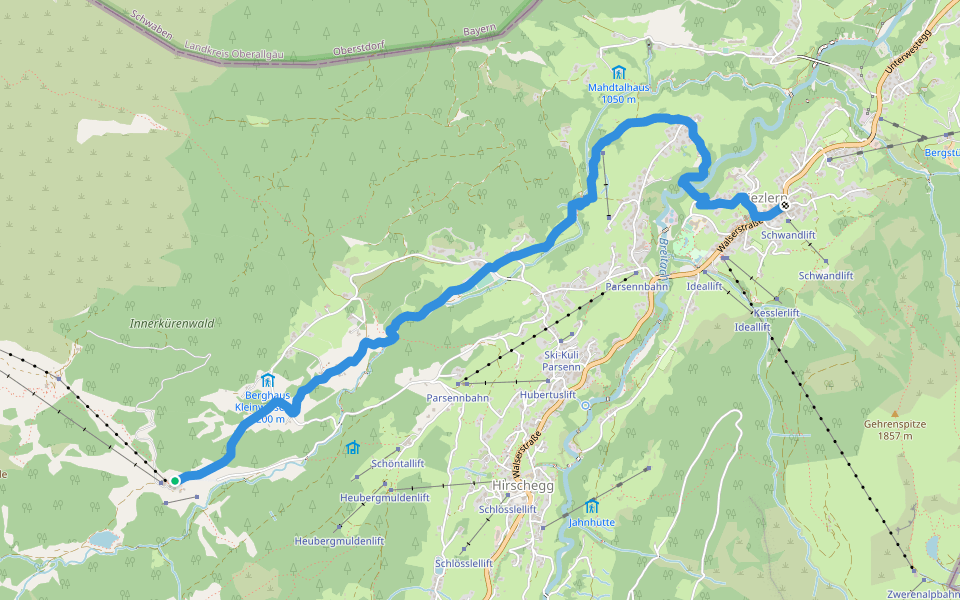 Auenhütte am Ifen > Naturbrücke > Riezlern  walking route map in Hirschegg