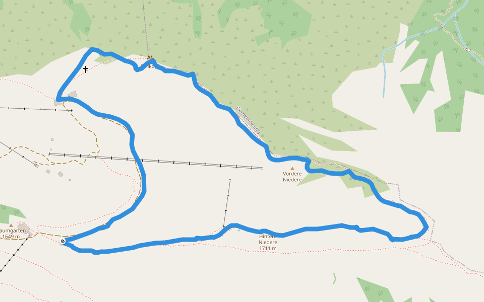 Hintere Niederealpe walking route map in Bezau