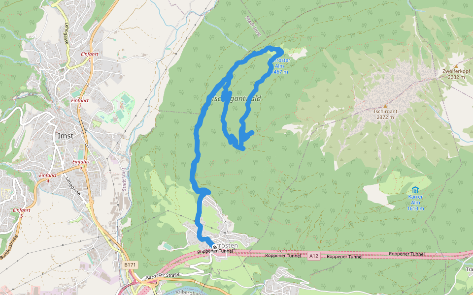 Donnerschrofen walking route map in Karrösten