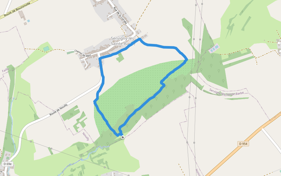 Servigny-lès-Sainte-Barbe walking route map in Noisseville