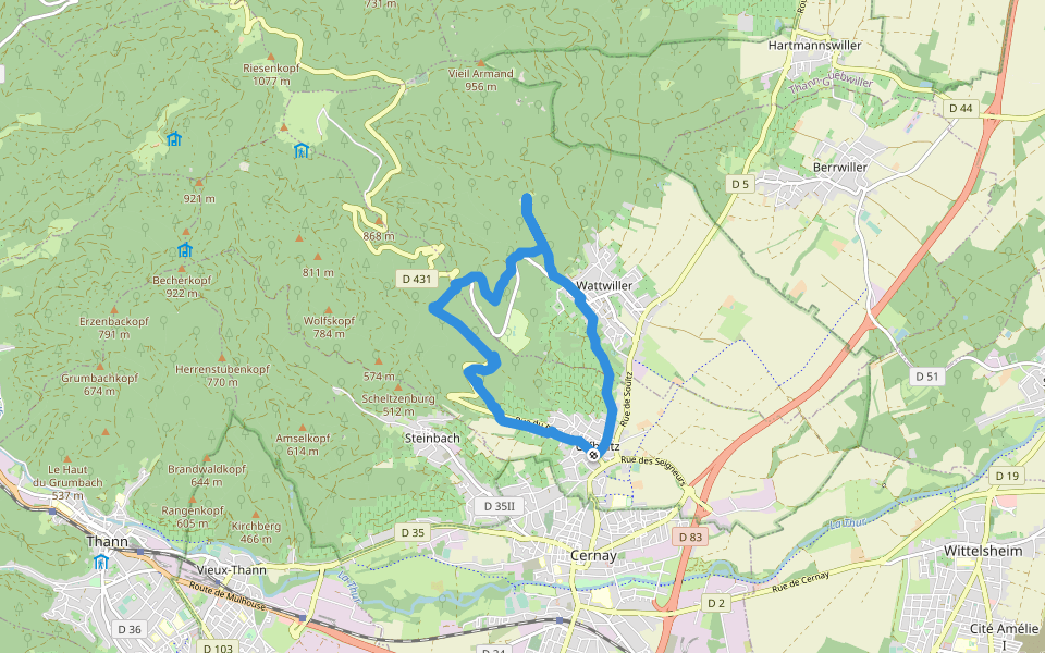 Rocher de Quartzite walking route map in Uffholtz