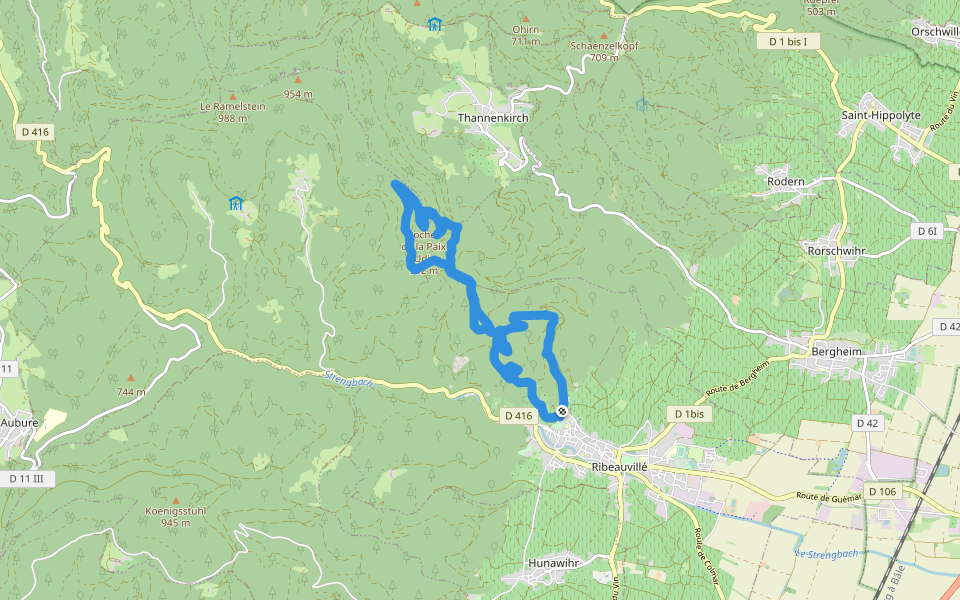 Vue sur les ruines du Girsberg et du Haut Ribeaupierre walking route map in Ribeauvillé