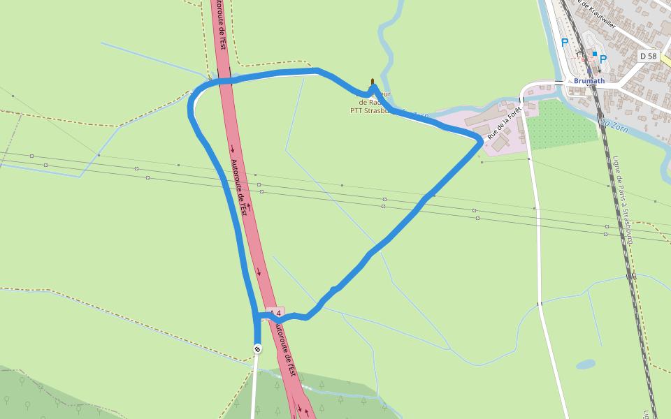 L'Emetteur de Radio PTT Strasburg walking route map in Brumath