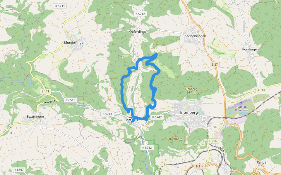 Achdorf Uferweg walking route map in Blumberg