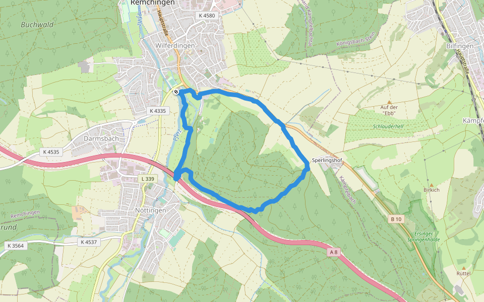 Unterwald - Wilferdingen Bahnhof walking route map in Remchingen