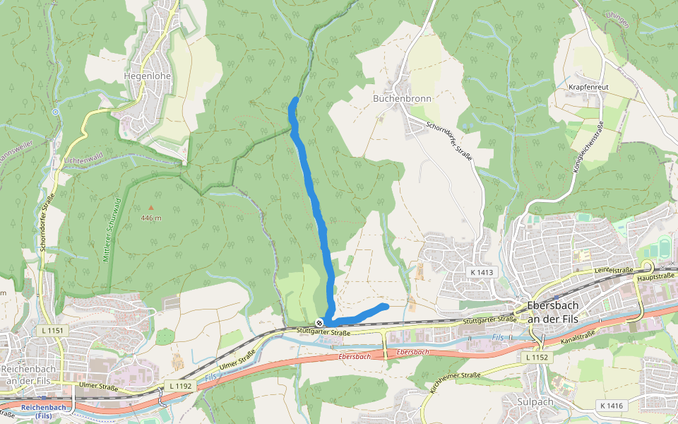 Kirnbachtalweg walking route map in Ebersbach an der Fils