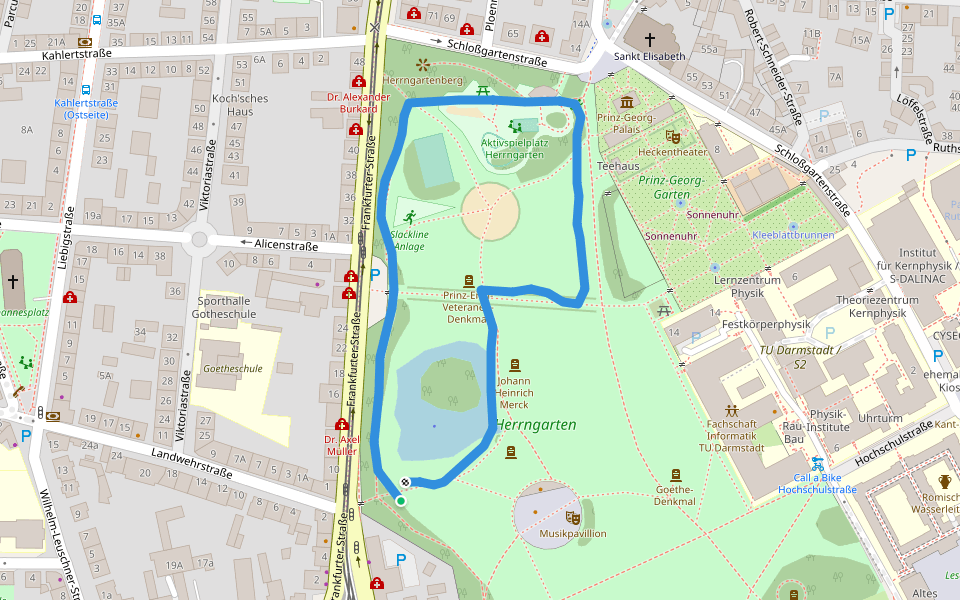 Herrngarten walking route map in Darmstadt