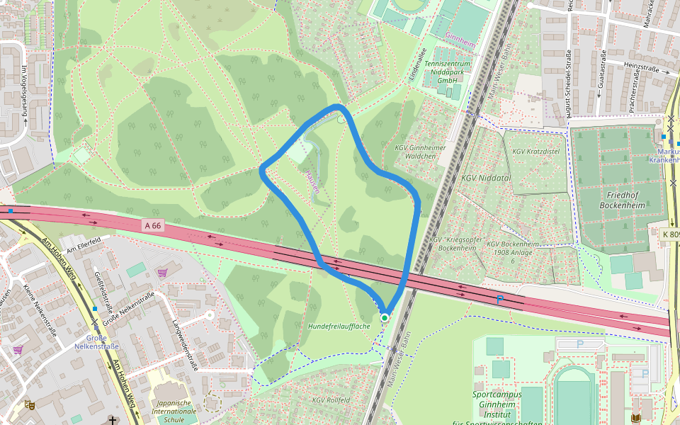 Volkspark Niddatal walking route map in Frankfurt am Main