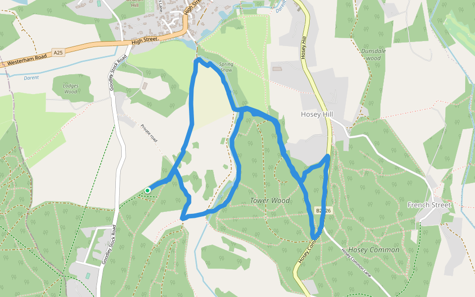 Tower Wood walking route map in Crockham Hill
