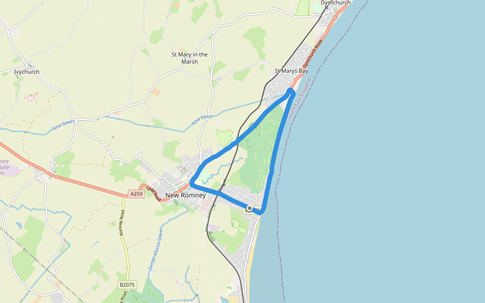 Broomhill Sands walking route map in Littlestone