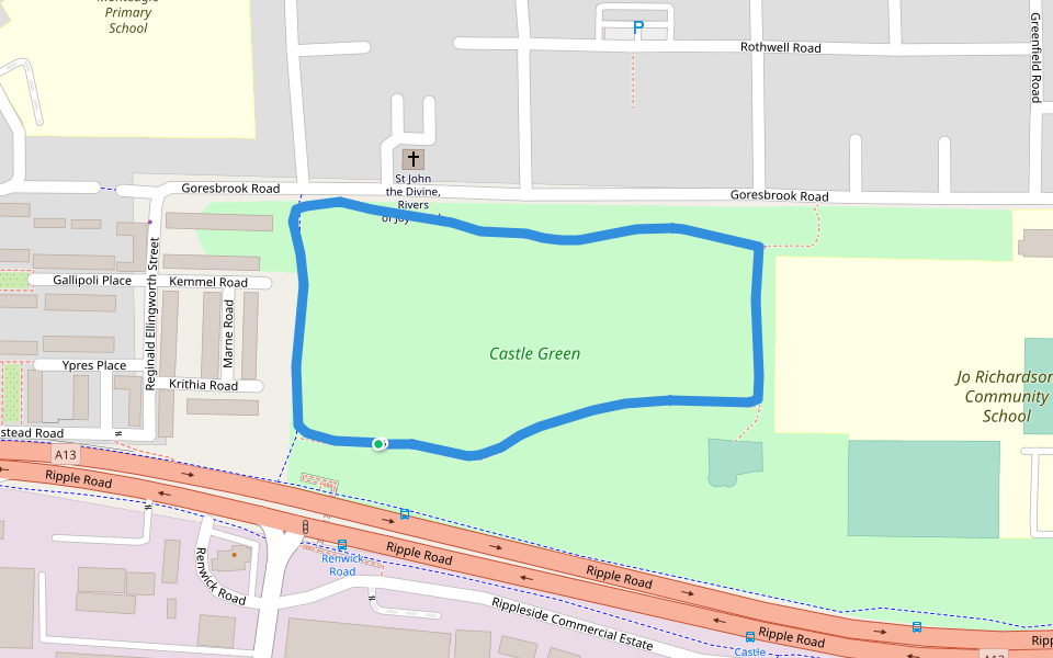 Castle Green walking route map in Dagenham