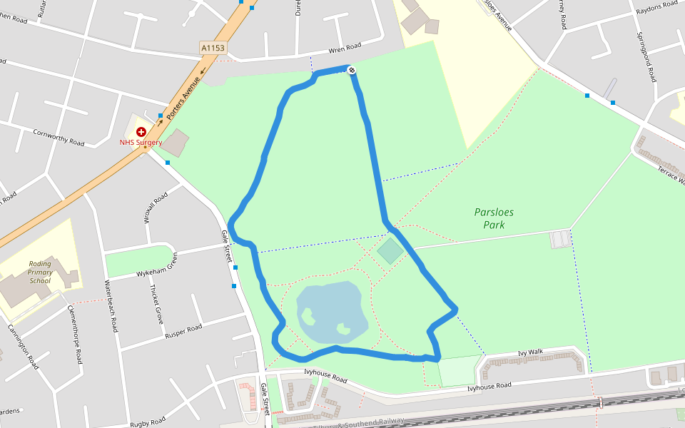 Parsloes Park walking route map in Dagenham