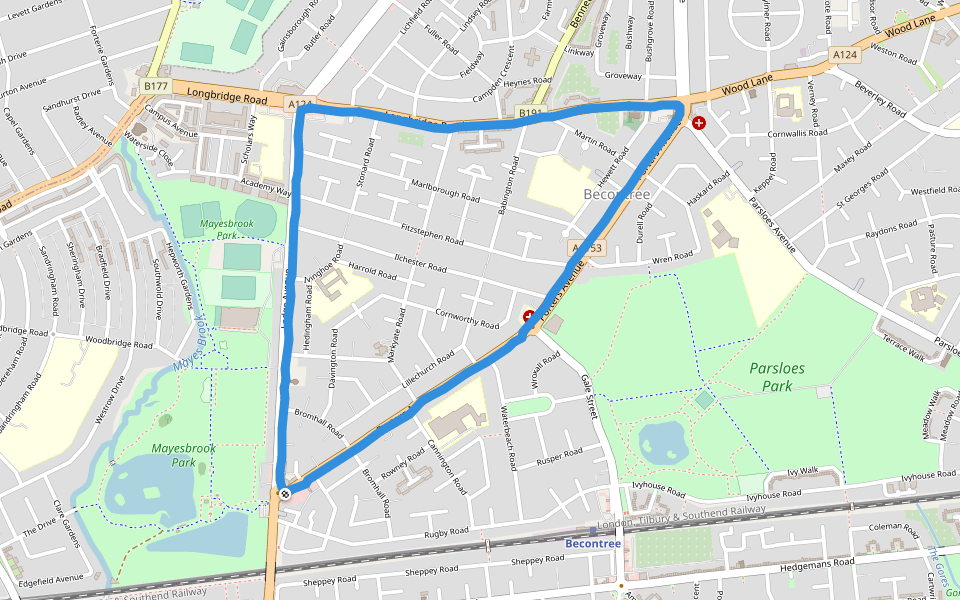 Parsloes Park walking route map in Dagenham