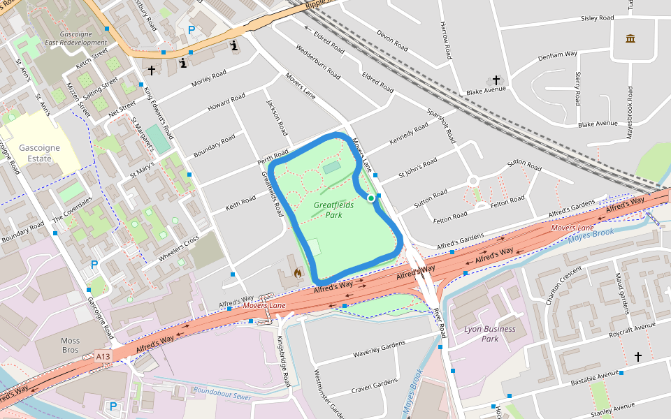 Greatfields Park walking route map in Barking