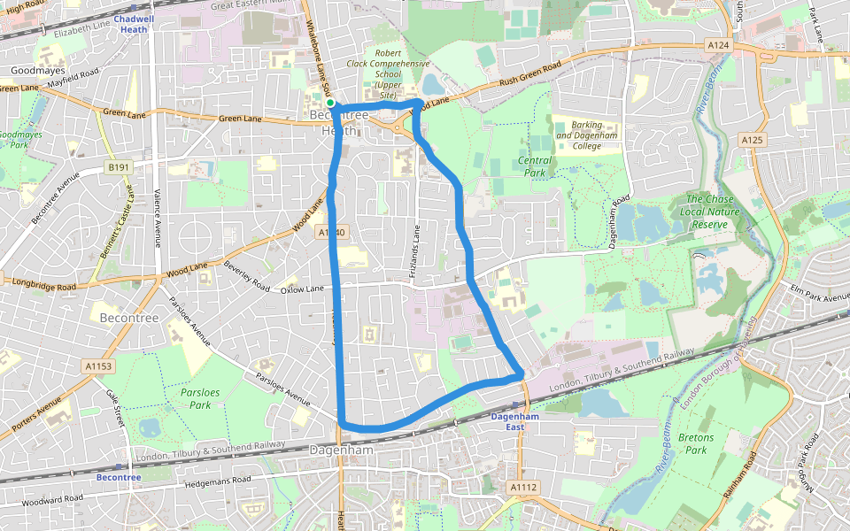 Central Park walking route map in Dagenham