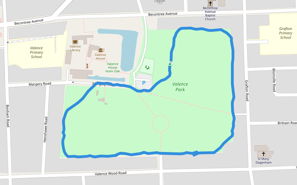 Valence Park walking route map in Dagenham