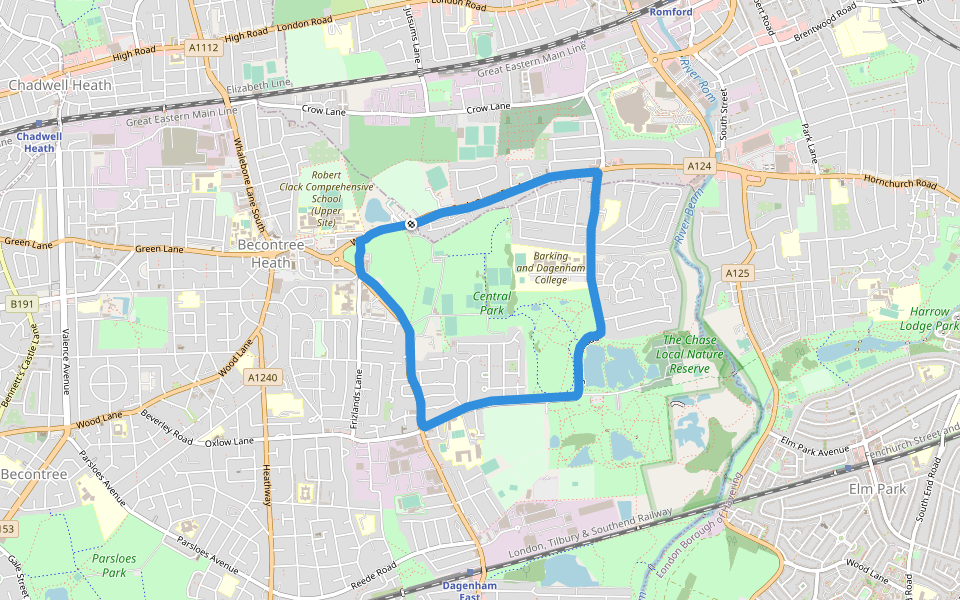 Central Park walking route map in Dagenham