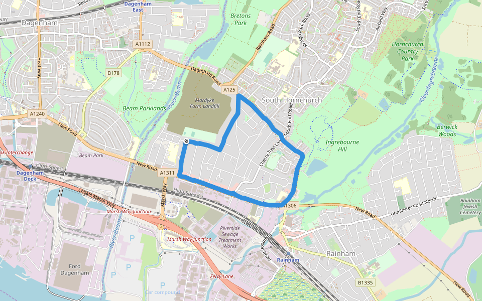 Ingrebourne Hill walking route map in Rainham