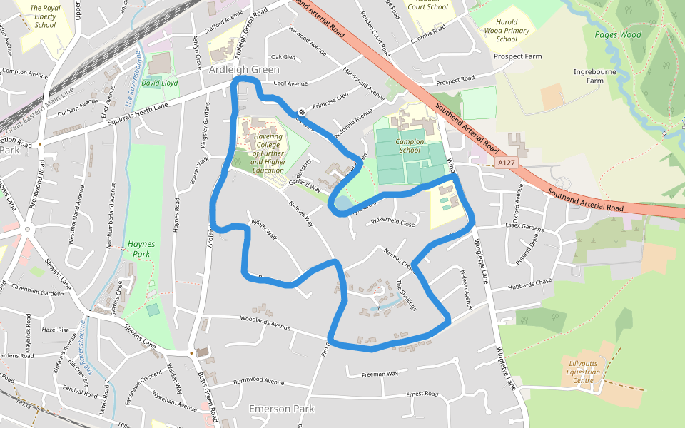 Havering College of Further and Higher Education walking route map in Hornchurch