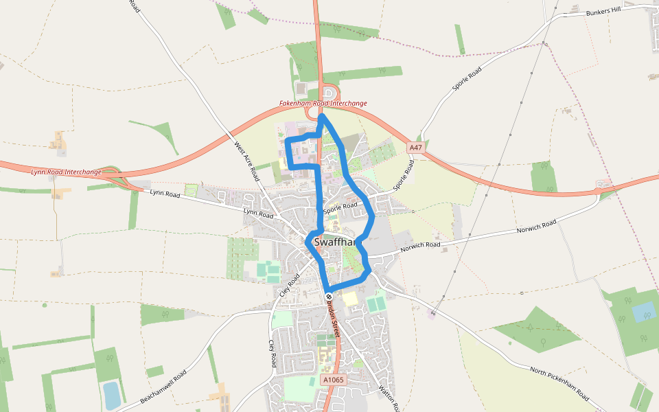 Northwell Pool walking route map in Swaffham