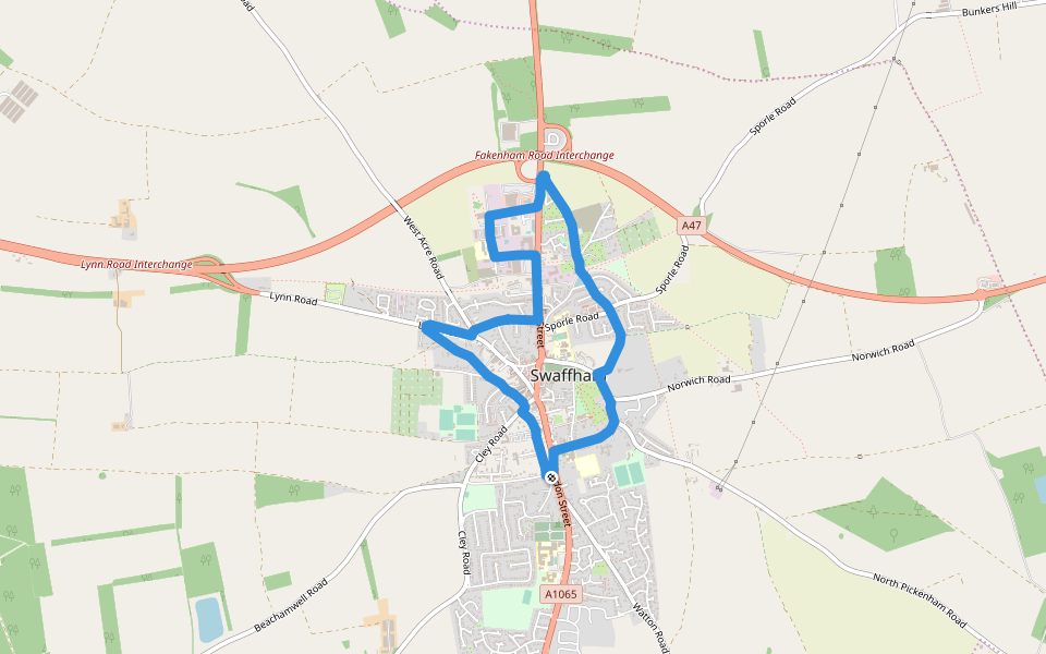 Northwell Pool walking route map in Swaffham