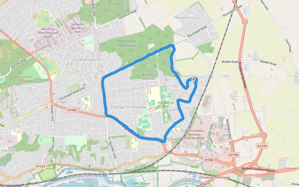 Racecourse Plantation walking route map in Thorpe End