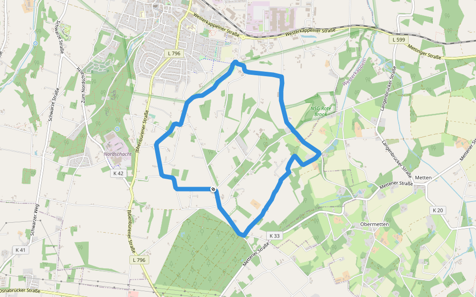 NSG Rote Brook walking route map in Mettingen
