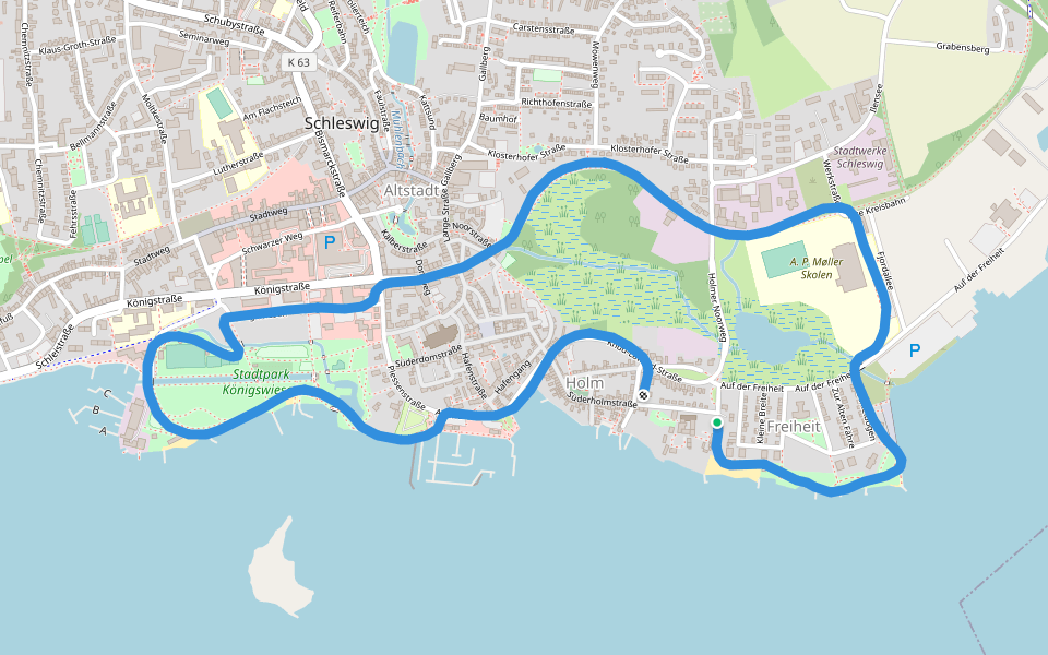 Stadtpark Koningswiesen walking route map in Schleswig