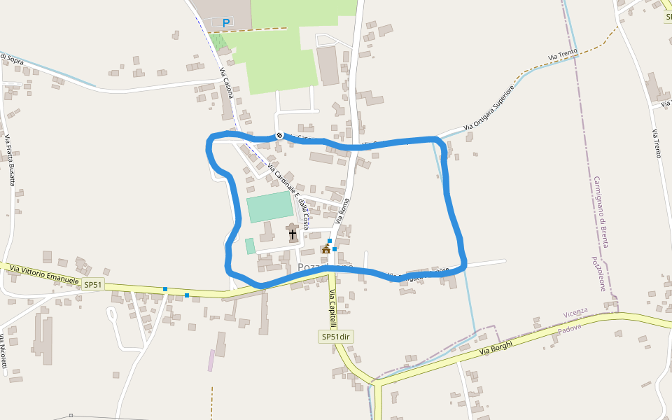 Campo Sportivo walking route map in Pozzoleone