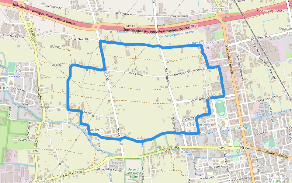 Villa Compostella Zacchettin walking route map in Rosà