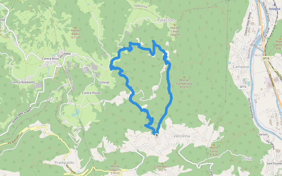 Cava Dipinta walking route map in Bassano del Grappa