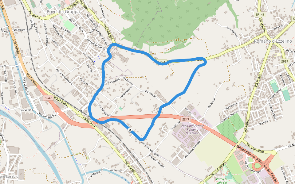 Museo Dell'automobile Bonfanti walking route map in Romano d'Ezzelino