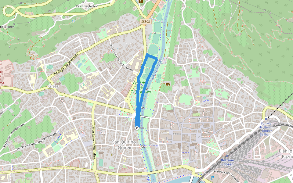 Prati del Talvera - Talferwiesen walking route map in Bolzano