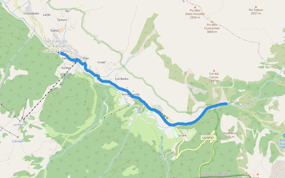 Strada Col Bedoi walking route map in San Cassiano