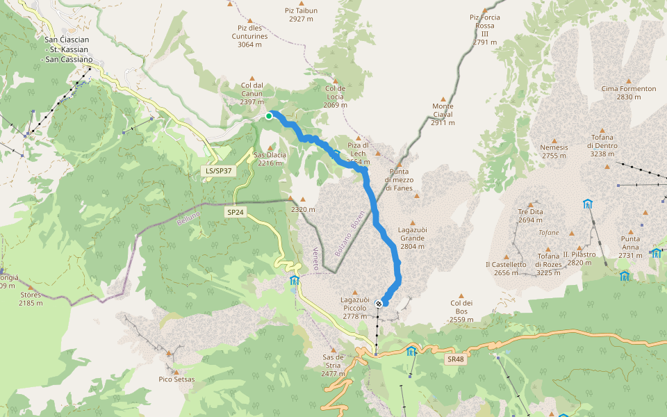 capanna alpina rifugio lagazuoi walking route map in San Cassiano