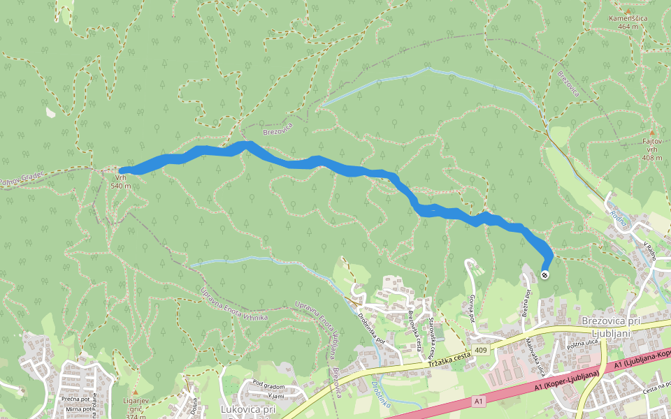Vrh walking route map in Brezovica pri Ljubljani