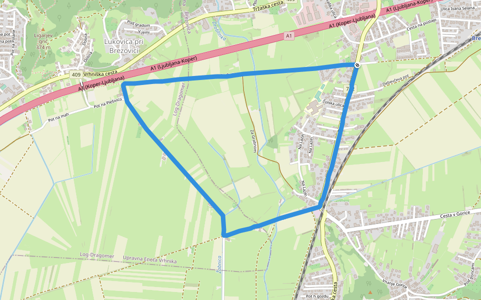 Žabnica walking route map in Brezovica pri Ljubljani