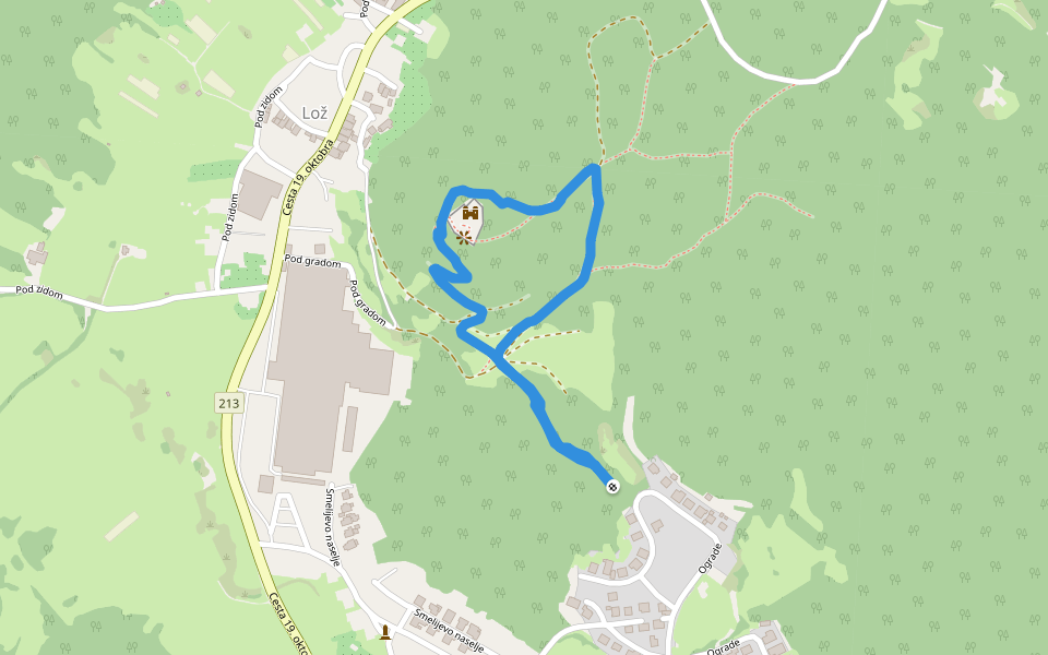 Loški grad walking route map in Lož
