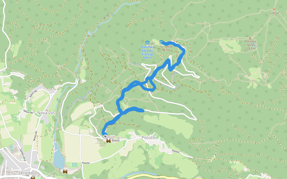 Na Čeljust walking route map in Potoče