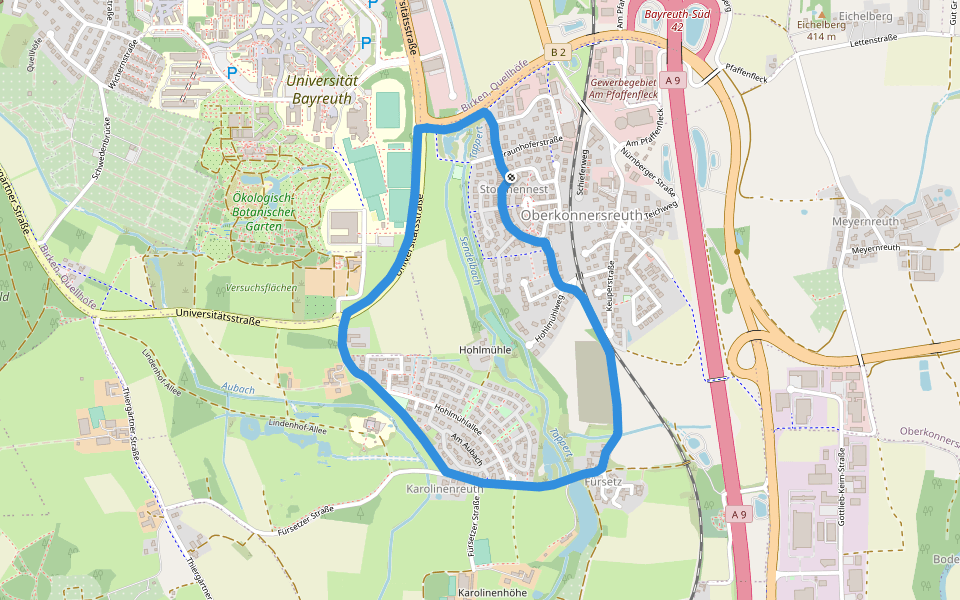 Universität walking route map in Bayreuth