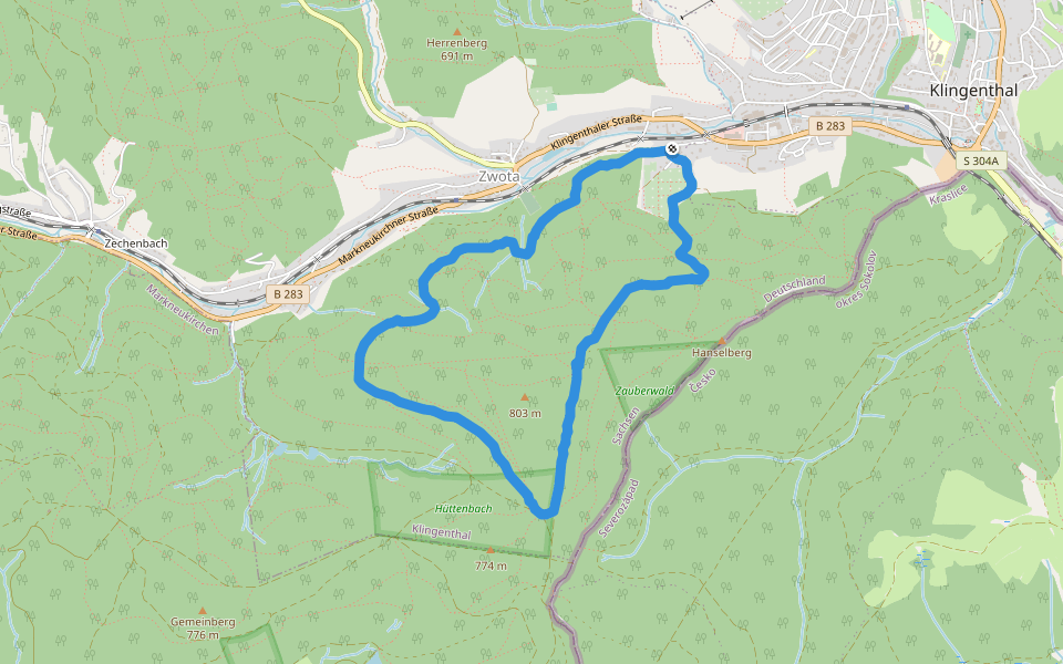 Hüttenbach walking route map in Zwota