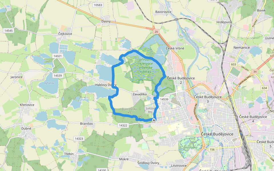 přírodní rezervace Vrbenské rybníky walking route map in České Budějovice