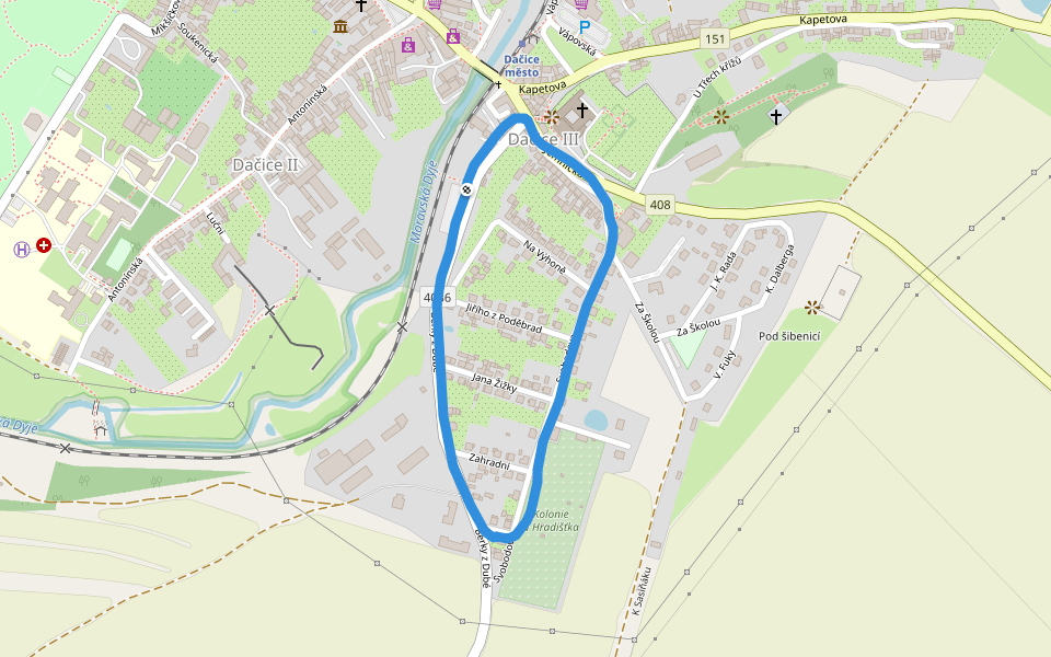 Hotel Dyje walking route map in Dačice