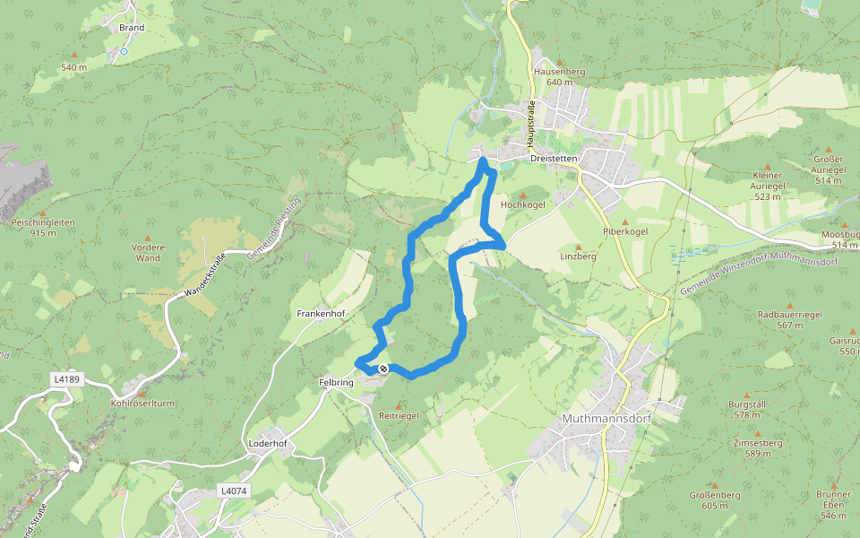 Dreistetten - Herrgottschnitzerhütte walking route map in Muthmannsdorf