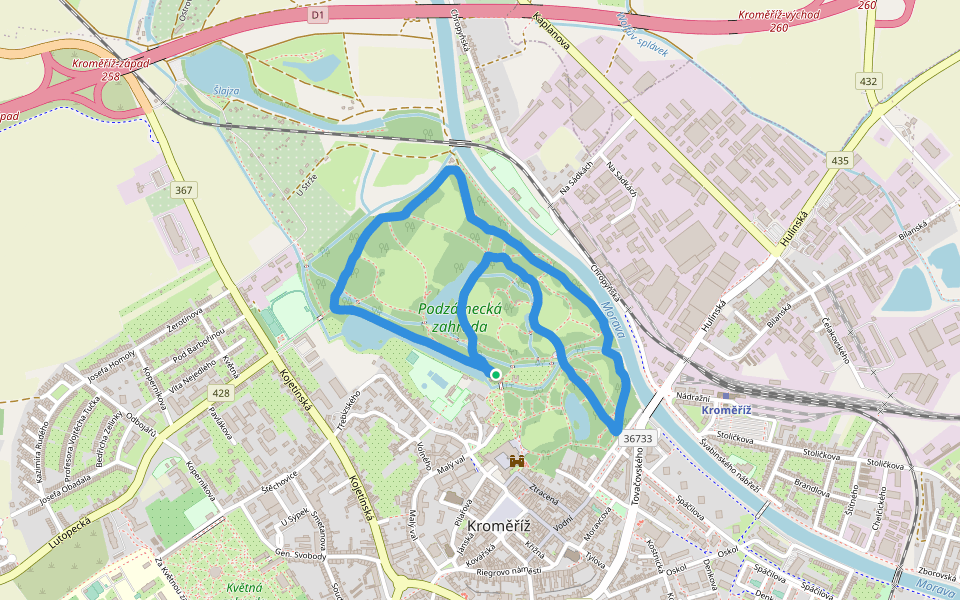 Podzámecká zahrada walking route map in Kroměříž
