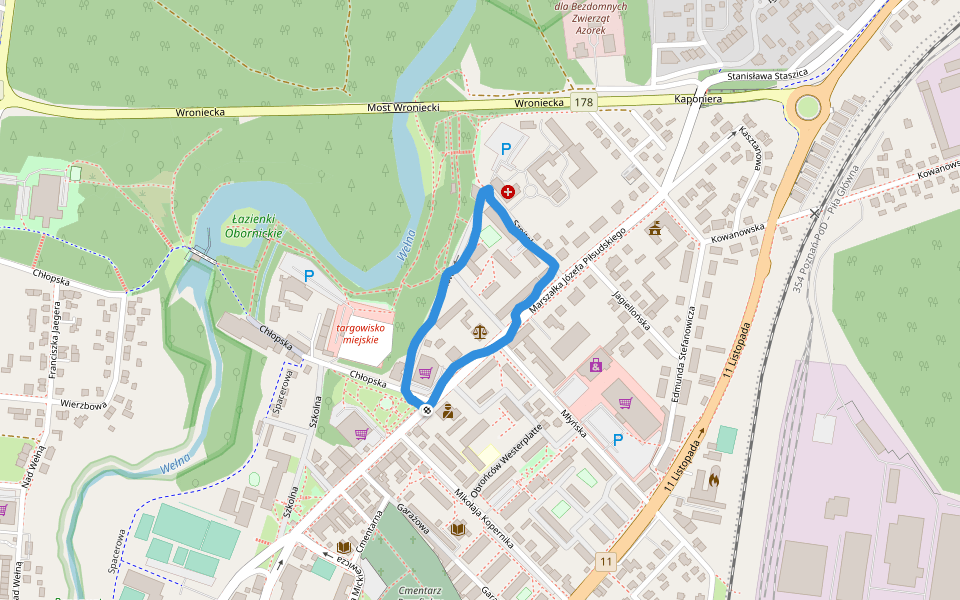 Łazienki Obornickie walking route map in Oborniki