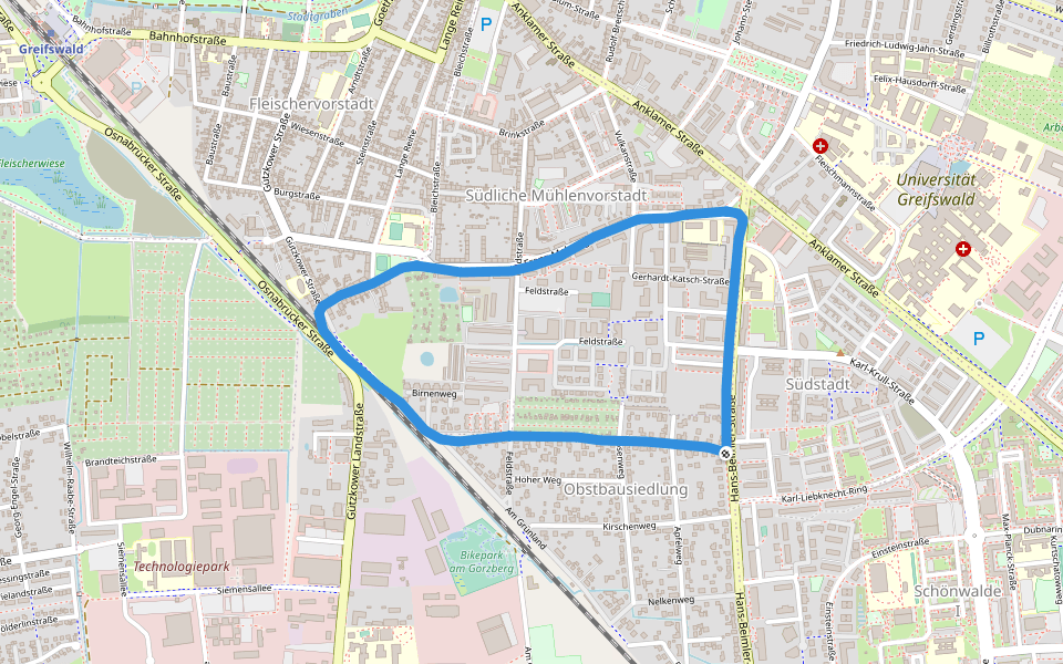 Pomeroder Platz walking route map in Greifswald